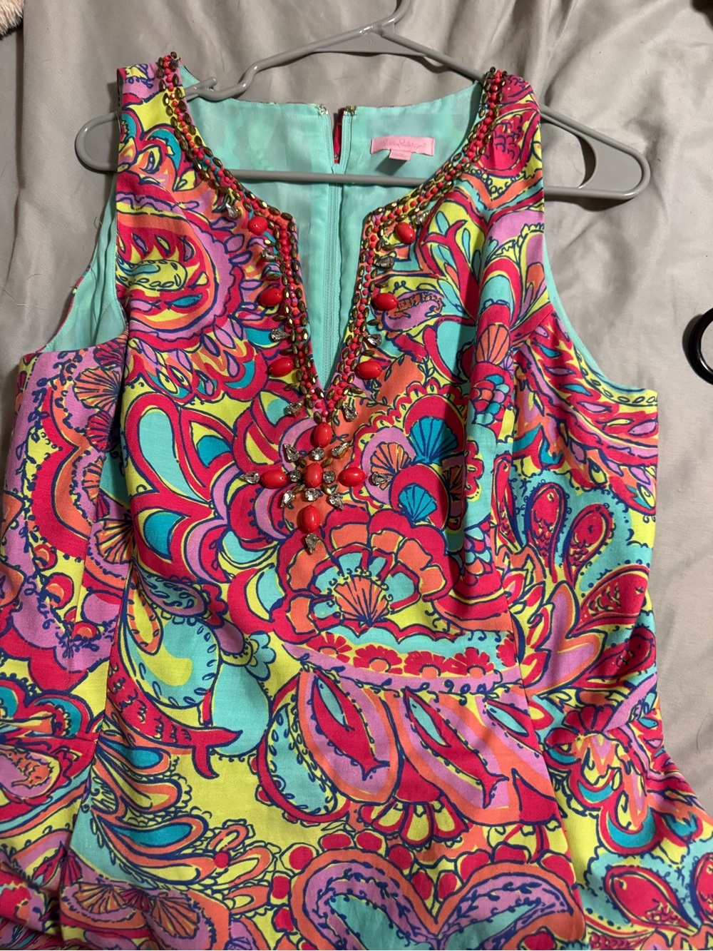 Lilly Pulitzer Multicolor Beaded V-Neck Midi Dress — Pink, Aqua, Yellow